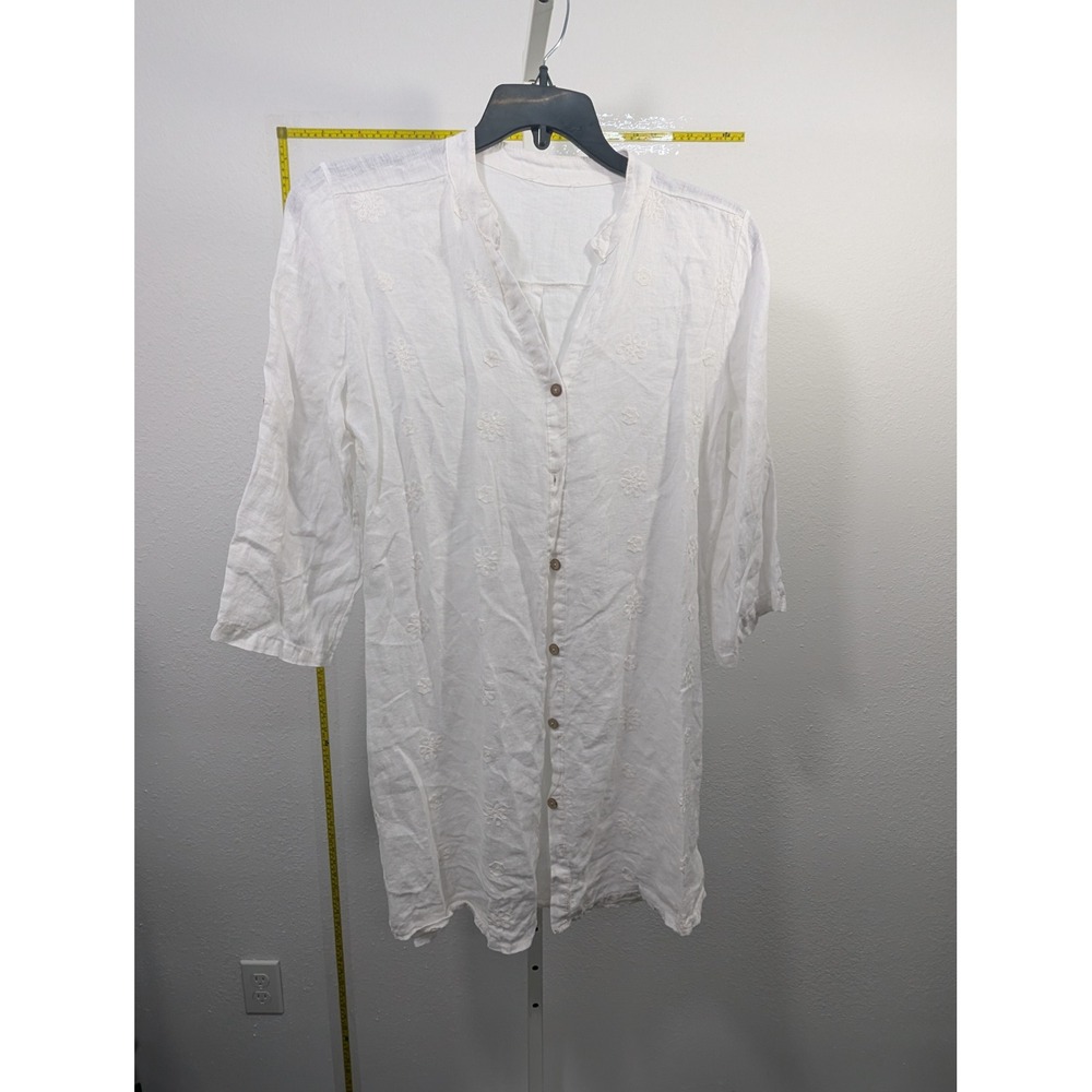 White Linen Floral Embroidered Button Down Tunic Top 3/4 Sleeve Roll Tab L